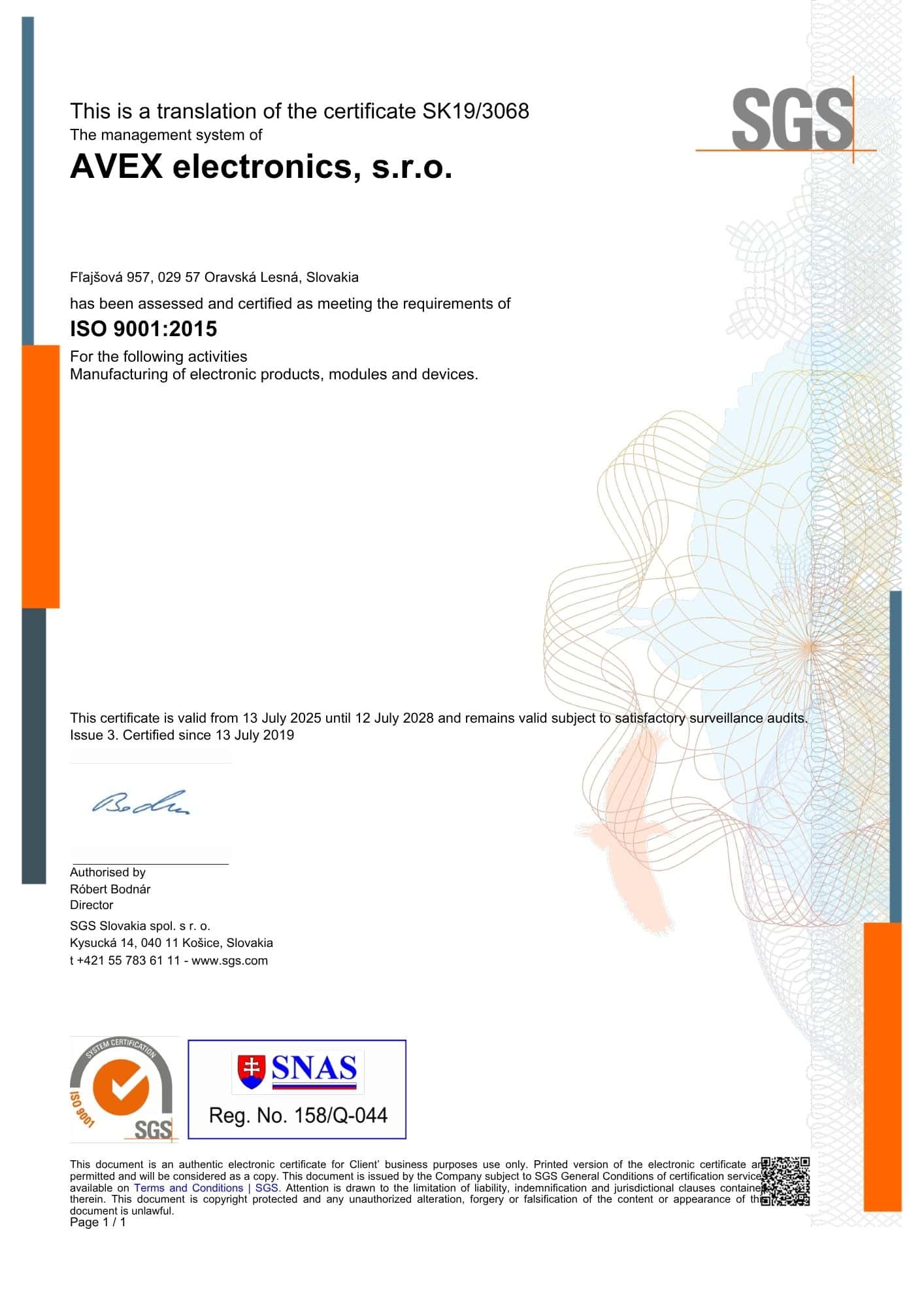 Avex electronics-certifikat ISO 9001